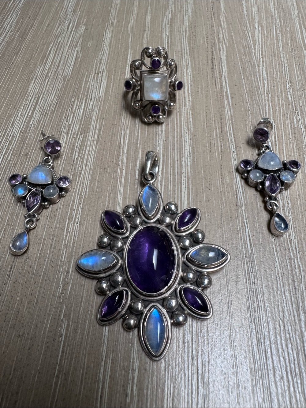 Nicky Butler Sterling Silver Amethyst & Moonstone Pendant, Earrings and Ring Set